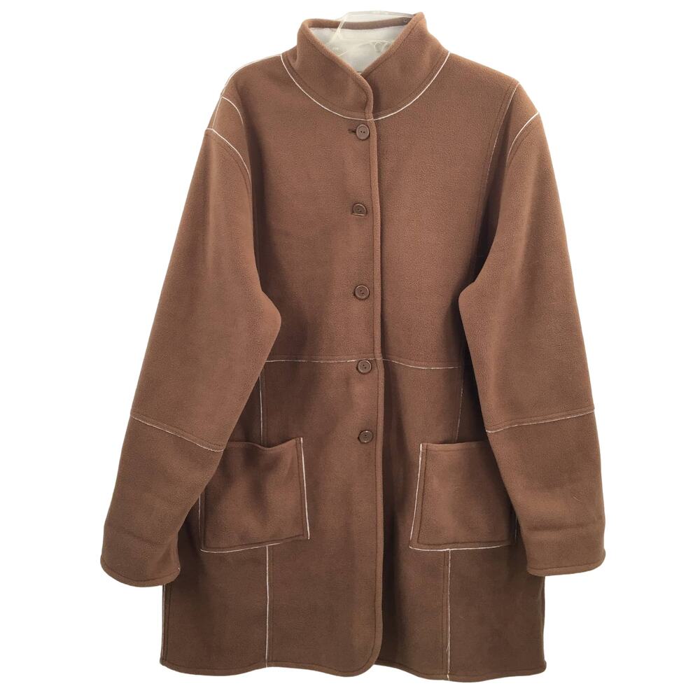 QVC XL Reversible button Front Fleece Jacket Coat Long Sleeves Brown Side Pocket